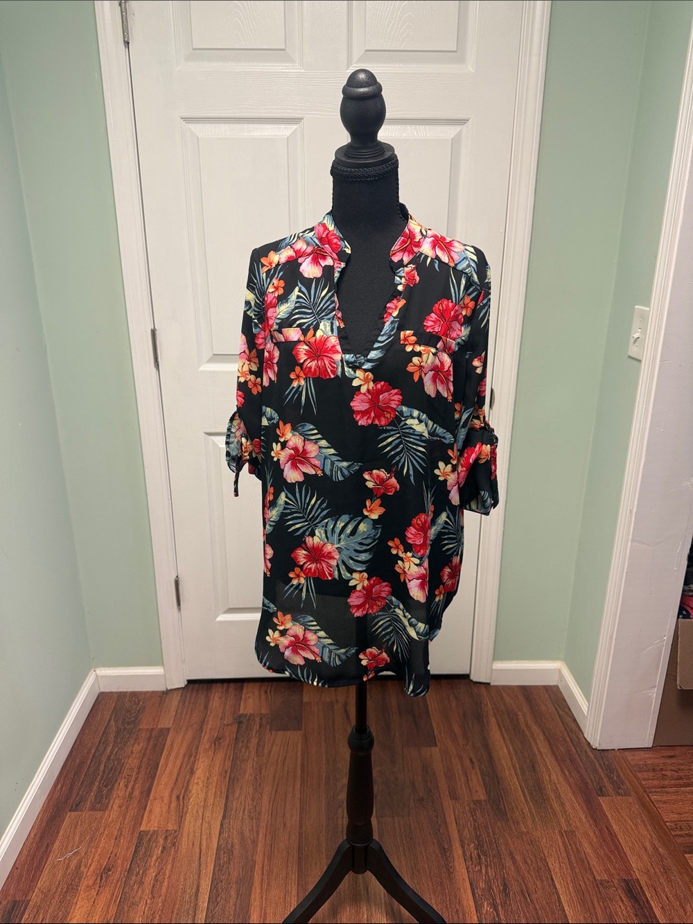 Floral V-Neck Tunic Blouse - Black with Red & Pink Hibiscus